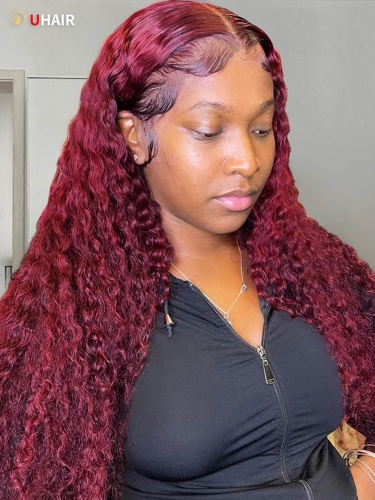 UHAIR 4x0.75 / 13x4 Lace Red Wine Wigs Human Hair 99j Color Hair Jerry Curly Wig Lace Wigs