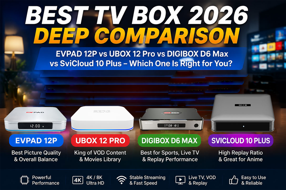 Best TV Box 2026 Comparison: EVPAD 12P vs UBOX 12 Pro vs DIGIBOX vs SviCloud