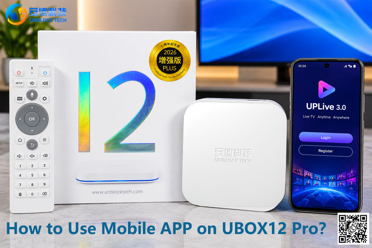 UnblockTech UBOX12 Pro with UPLive mobile TV streaming on an Android smartphone