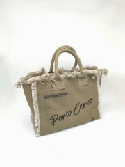 Army Green 100% Cotton Canvas Tote Bag With Fringe&Embroidery Olive Drab