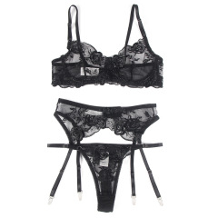 R81122--Plus size women's sexy lace see-through embroidered underwire garter belt underwear bra set