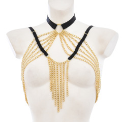 O0886--Outfit with golden chain, hollow breasts and sexy harness lingerie