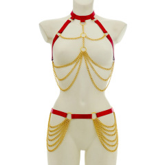 O0911+P0289--Queen Metal Chain Hollow Breast Exposed Sexy Strap Women's Sexy Split Suit