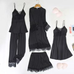 2090--Sexy ice silk satin lace five-piece set with padded nightgown and suspenders for home wear