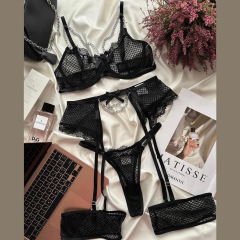 206158--High-end women's lace eyelash splicing sexy heavy industry chain set