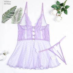 3569--Sexy polka dot see-through mesh lace crystal buckle suspender nightgown two-piece set
