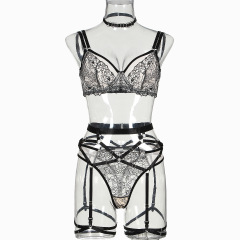 Z3393A--Sexy underwear neck collar garter set fashionable embroidered mesh splicing see-through sexy five-piece set