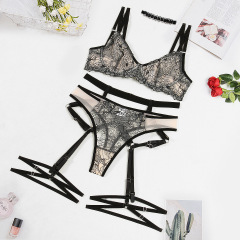 Z3393A--Sexy underwear neck collar garter set fashionable embroidered mesh splicing see-through sexy five-piece set