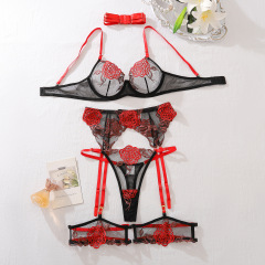 XZ4038L--Five-piece set of contrasting rose embroidery and see-through mesh push-up low-cut sexy underwear
