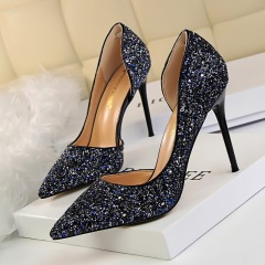 868-8--Slimming women's shoes with high heels, shallow mouth, pointed toe, hollow sequined single shoes