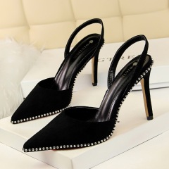 313-2--Suede shallow hollow back strap rivet pointed sandals