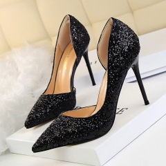 868-8--Slimming women's shoes with high heels, shallow mouth, pointed toe, hollow sequined single shoes