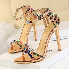 267-2--High-heeled open-toe one-strap hollow colorful rivet sandals