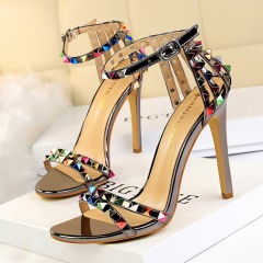 267-2--High-heeled open-toe one-strap hollow colorful rivet sandals