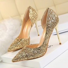 868-8--Slimming women's shoes with high heels, shallow mouth, pointed toe, hollow sequined single shoes
