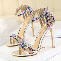267-2--High-heeled open-toe one-strap hollow colorful rivet sandals