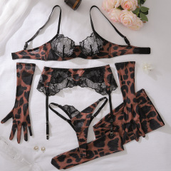 XZ4638A--Fashionable Leopard Print Lace-Trimmed Comfortable 5-Piece Lingerie Set