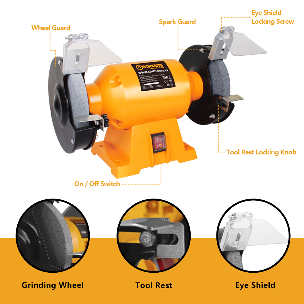 WORKSITE Bench Grinder Polisher Machine 300W Double Head Wire Wheel 8" Industrial Electric Bench Grinder