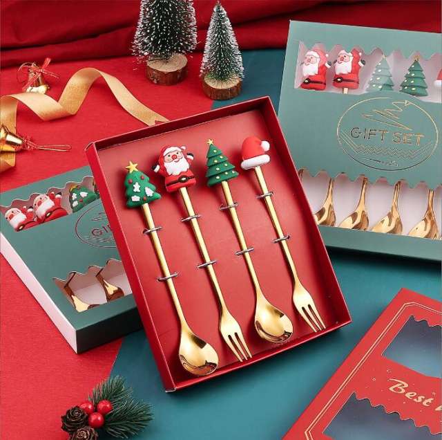 Christmas Spoon Gift Set Stainless Spoons Set 4 Pieces Tea Spoons Soup Spoon Cute Eating Utensils Flatware Sets With Gift Box