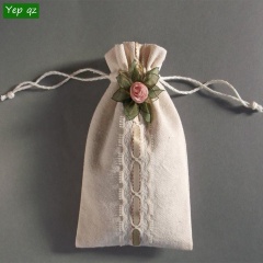 Antique Natural Cotton Drawstring Pouch with Lace and Flower