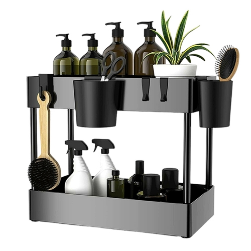 Ninyoon Under Sink Organizers and Storage, 2 Tier Storage Organization Basket Shelf Holder 2 Cups for Bathroom Kitchen Vanity Sink Cabinet