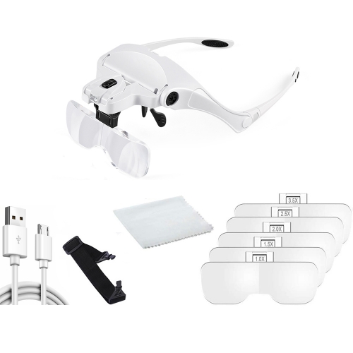 Ninyoon Rechargeable Head Mount Headband Illuminating Magnifier, 2 LED Lights Magnifying Jeweler Loupe Visor with 5 Detachable Glasses for Reading Jew