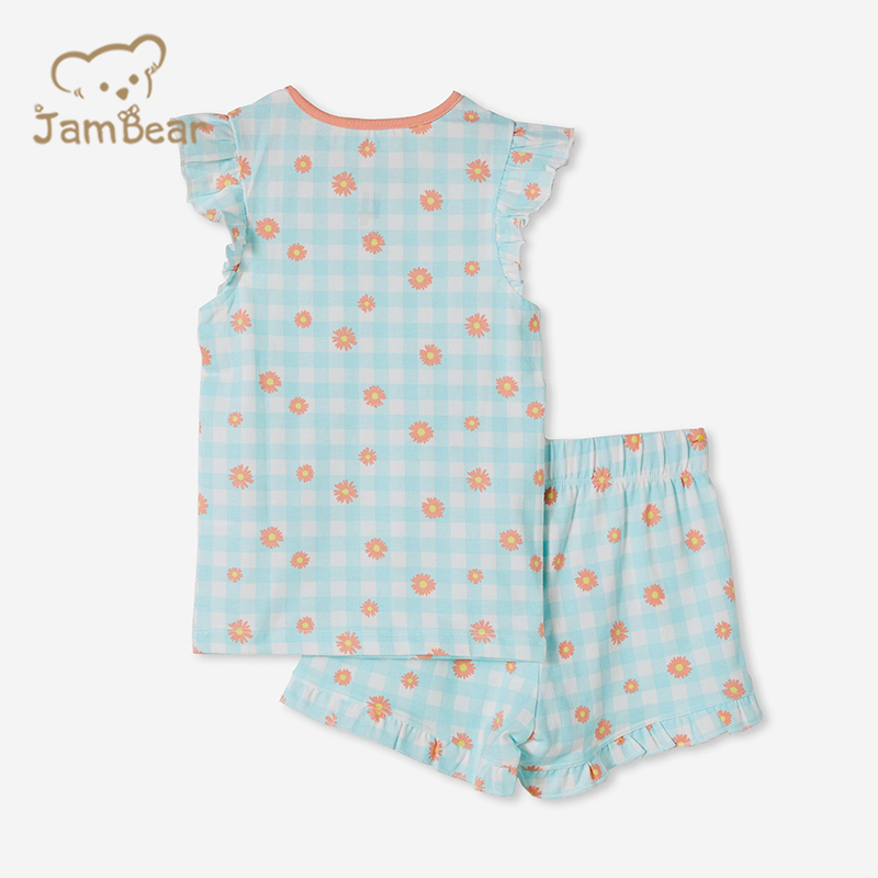 Organic cotton girls kids custom pajamas sustainable kids short sleeve pyjama set ruffled sleeve eco friendly girls' sleepwear