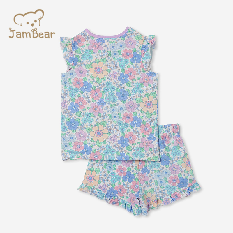 Organic cotton girls kids custom pajamas sustainable kids short sleeve pyjama set ruffled sleeve eco friendly girls' sleepwear