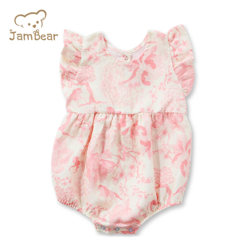 Jambear Linen Ruffled Baby Jumpsuit Summer Newbron Romper Organic Baby Clothes Printed Ruffled Bodysuit for Baby