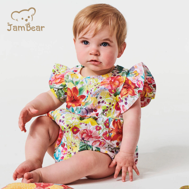 Jambear Linen Ruffled Baby Jumpsuit Summer Newbron Romper Organic Baby Clothes Printed Ruffled Bodysuit for Baby