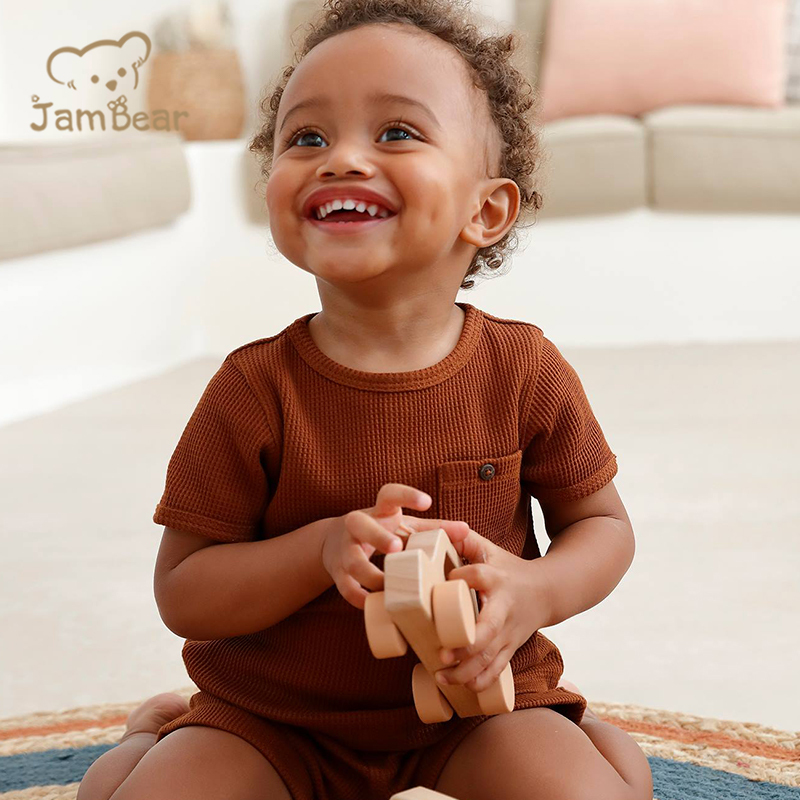 Summer short pyjamas for baby boys in honeycomb fabric 100% organic cotton toddler sleepsuit sustainable toddler pyjamas