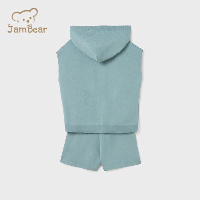 Organic bamboo kids girl tracksuit eco friendly sleeveless hoodie and shorts sustainable kids shorts set
