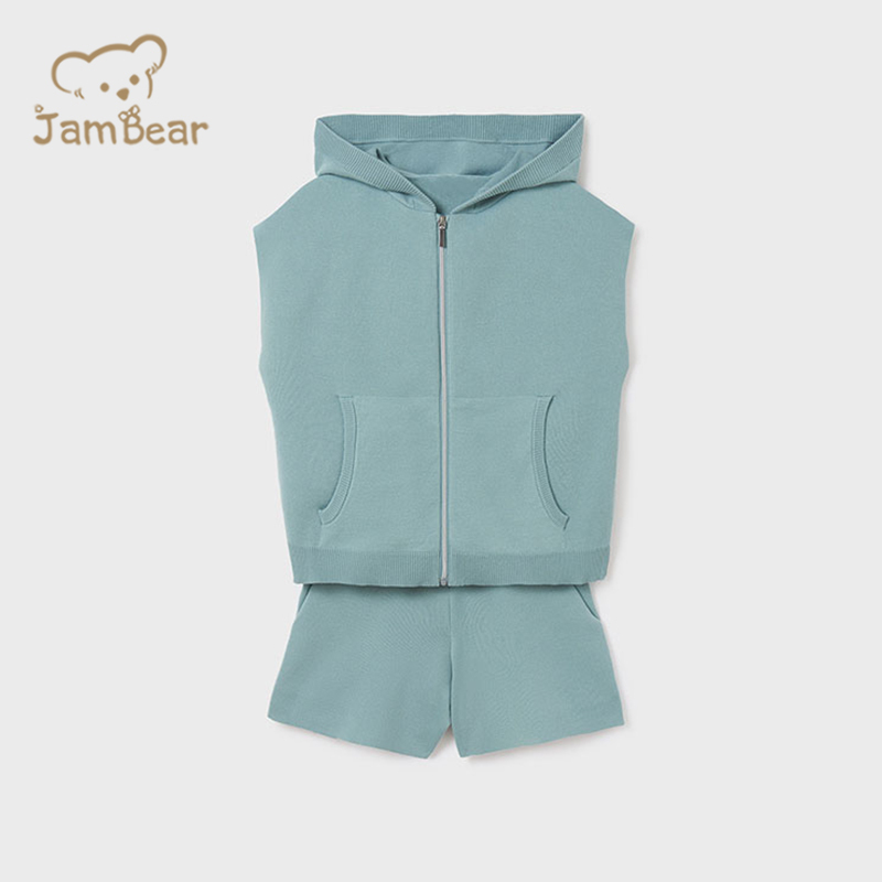 Organic bamboo kids girl tracksuit eco friendly sleeveless hoodie and shorts sustainable kids shorts set