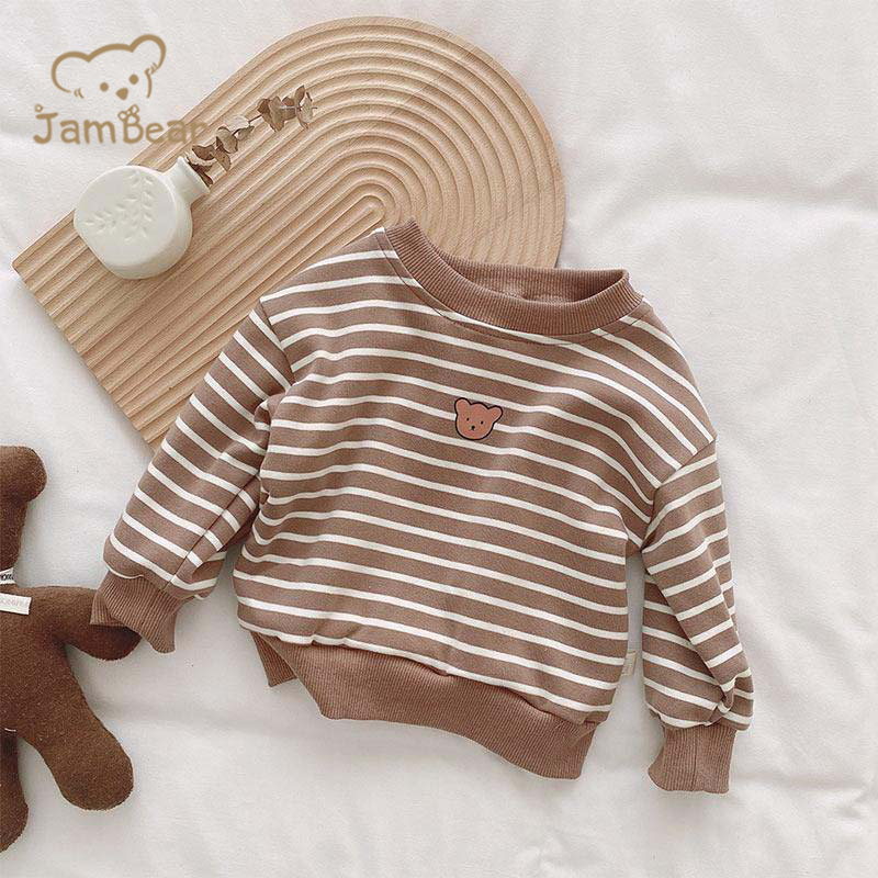 Eco-friendly Organic Cotton baby set Sustainable Baby Striped Bear Long Sleeve Sweatshirt And Pants Set sweat-shirt toddler