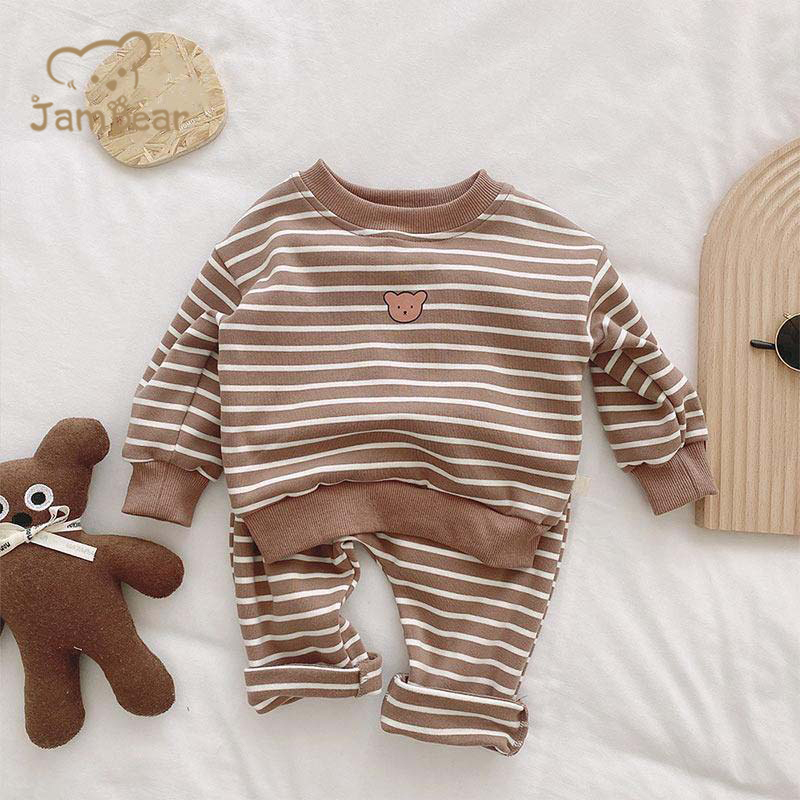 Eco-friendly Organic Cotton baby set Sustainable Baby Striped Bear Long Sleeve Sweatshirt And Pants Set sweat-shirt toddler