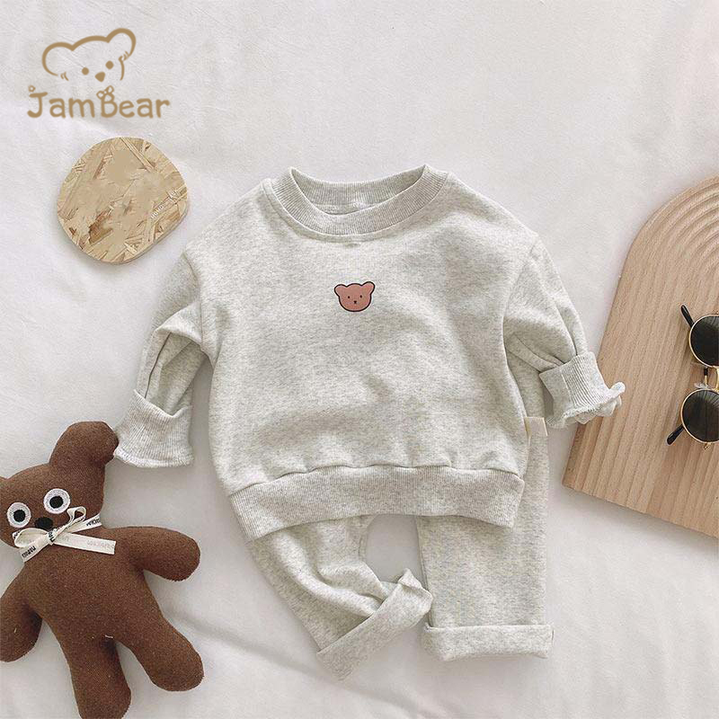Eco-friendly Organic Cotton baby set Sustainable Baby Striped Bear Long Sleeve Sweatshirt And Pants Set sweat-shirt toddler