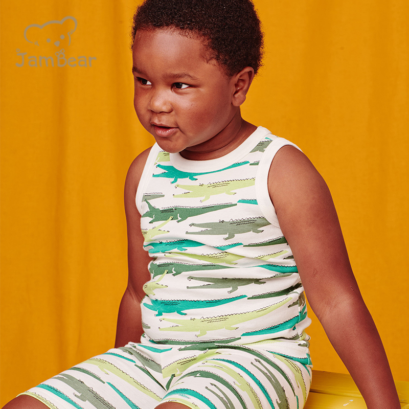 100% Organic cotton rib children's sleepwear pjs for kids printed sleeveless pajamas for children kids sleepwear pajamas
