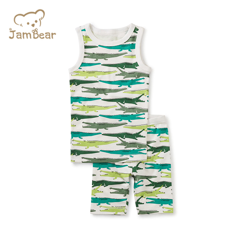 100% Organic cotton rib children's sleepwear pjs for kids printed sleeveless pajamas for children kids sleepwear pajamas