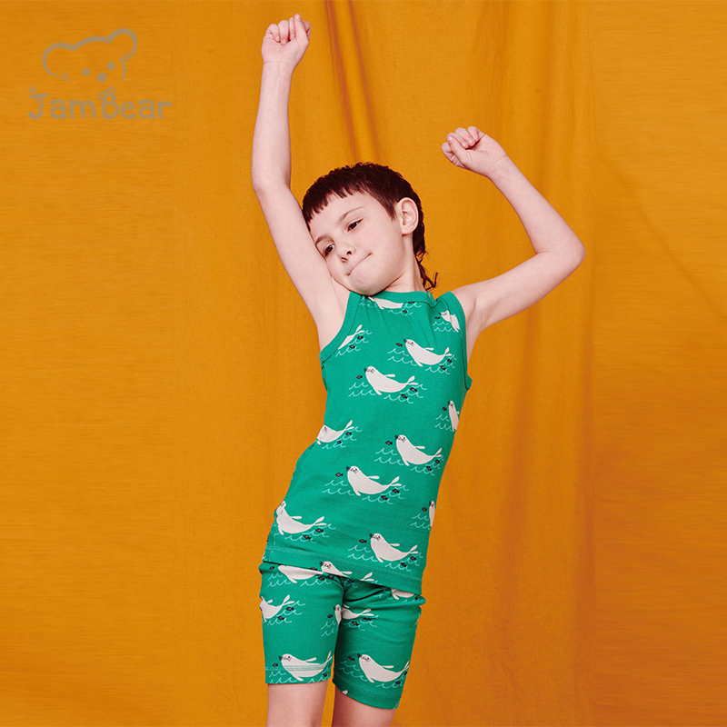 100% Organic cotton rib children's sleepwear pjs for kids printed sleeveless pajamas for children kids sleepwear pajamas