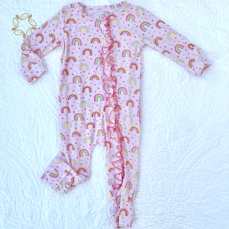 Organic bamboo ruffle Jumpsuit for infant sustainable baby girl ruffle romper eco friendly ruffled baby romper
