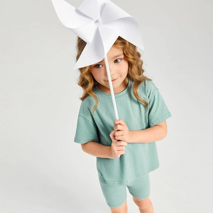 Organic cotton Two Piece Kids Set Girls Drop Shoulder Top & Biker Shorts Set Kid short sleeve top and Shorts