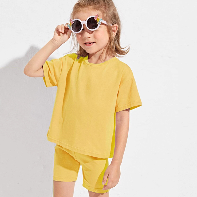 Organic cotton Two Piece Kids Set Girls Drop Shoulder Top & Biker Shorts Set Kid short sleeve top and Shorts