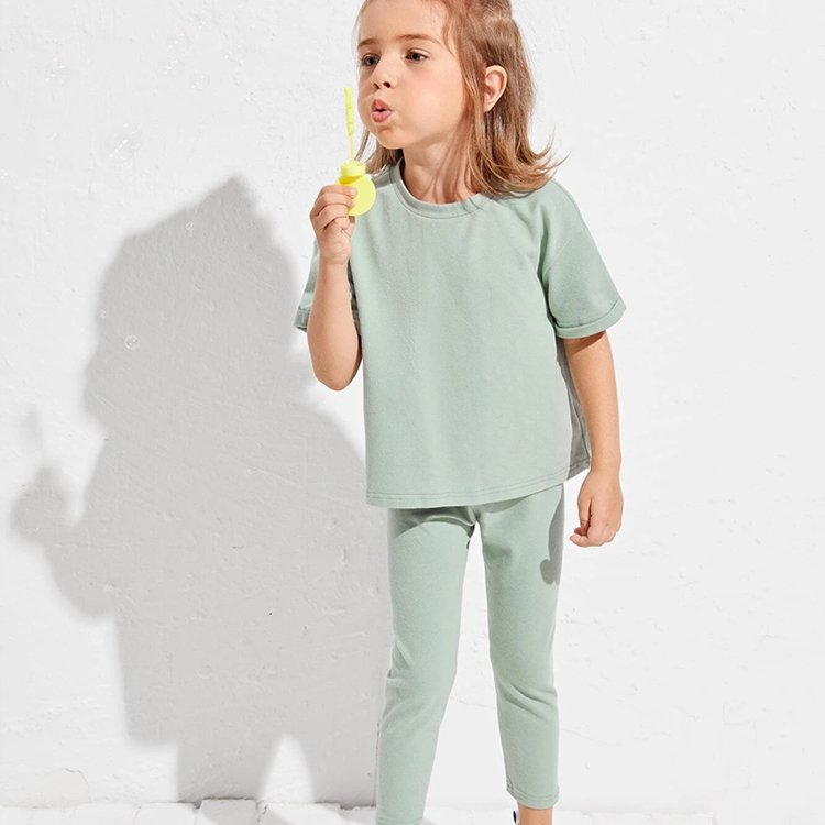 Kid short sleeve top and leggings organic cotton girl Two Piece Kids Set Girls Drop Shoulder Top & pant set