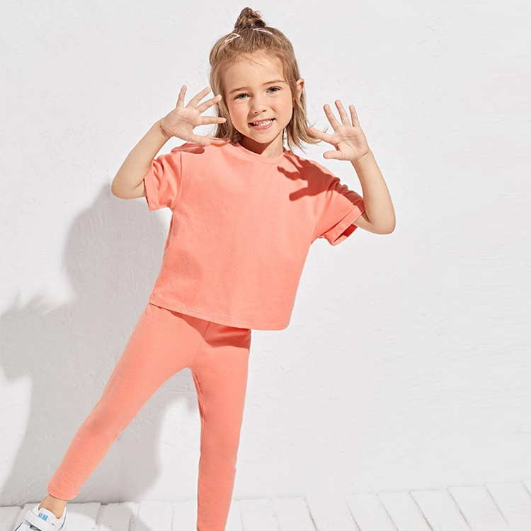 Kid short sleeve top and leggings organic cotton girl Two Piece Kids Set Girls Drop Shoulder Top & pant set