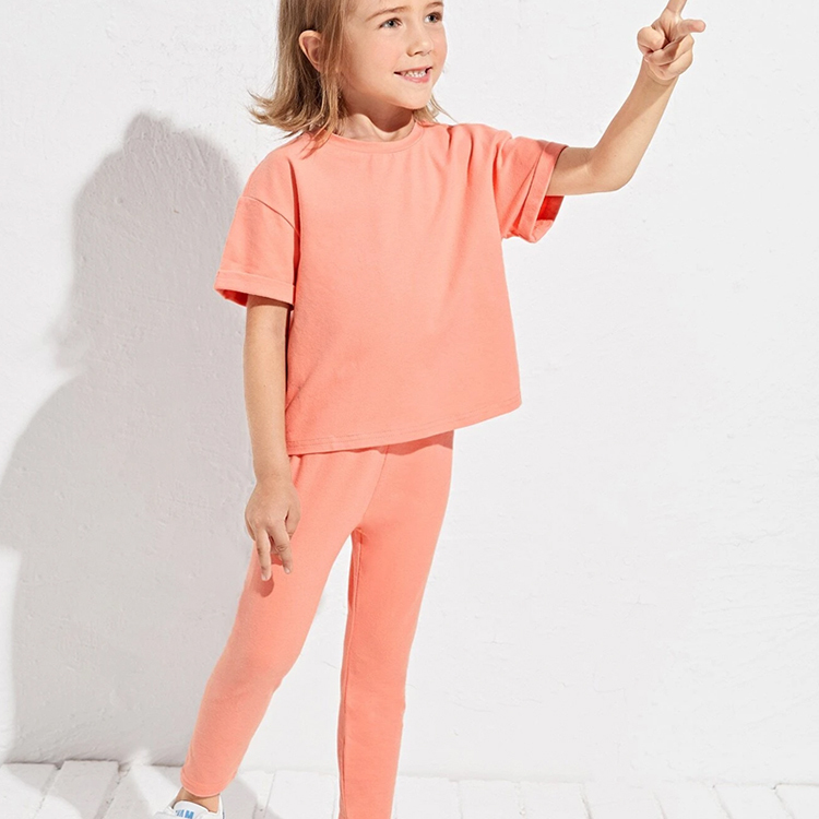 Kid short sleeve top and leggings organic cotton girl Two Piece Kids Set Girls Drop Shoulder Top & pant set
