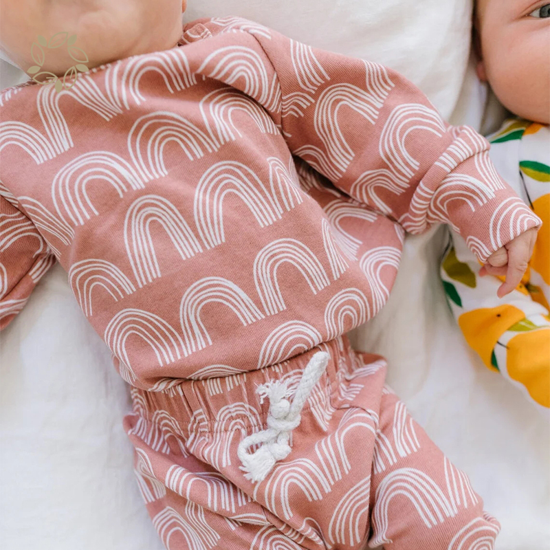 Organic cotton baby clothing set sustainable baby tee and harem pants eco friendly rainbows lounge set