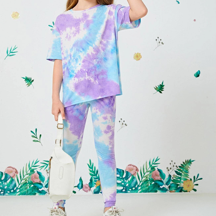 Tie dye Girls Drop Shoulder Top & pant set bamboo viscose Girls Tie Dye Tee & Leggings eco-friendly girl short sets