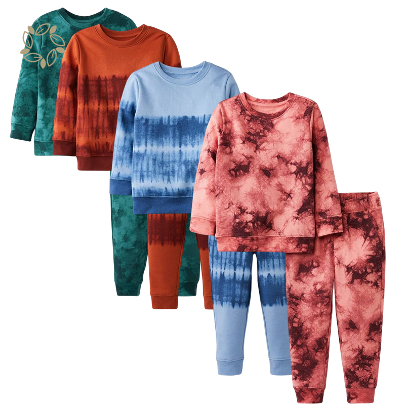 Organic cotton terry jogger set sustainable toddler boys' 2pc tie dye long sleeve fleece crew and jogger set
