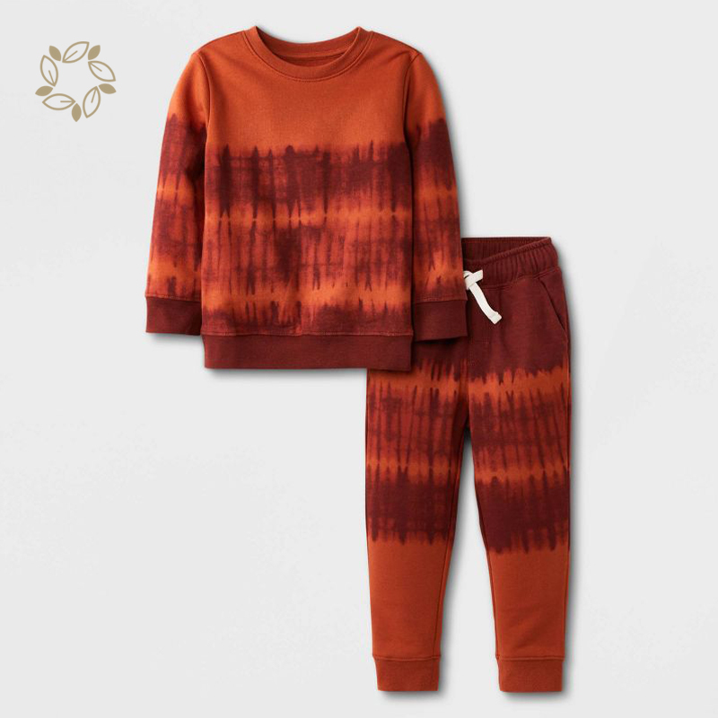 Organic cotton terry jogger set sustainable toddler boys' 2pc tie dye long sleeve fleece crew and jogger set