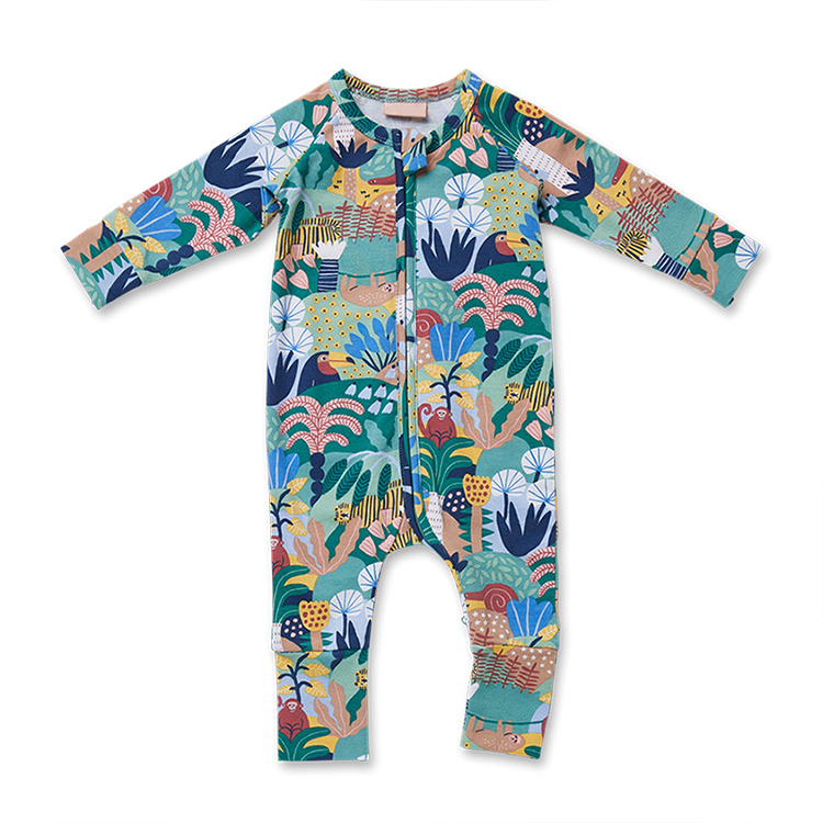 eco-friendly baby sleepsuit two way zipper onesie organic cotton zipper footie Infant clothes Custom print baby romper